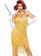 Gatsby flapper, costume dress, lace overlay, sequins, fringes